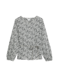 Pure Cotton Printed Crew Neck Tie Front Blouse