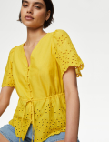 Pure Cotton Broderie V-Neck Tie Front Blouse