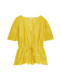 Pure Cotton Broderie V-Neck Tie Front Blouse