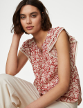 Cotton Blend Printed Tie Neck Blouse