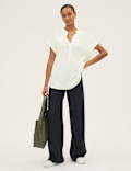 Jersey V-Neck Short Sleeve Popover Blouse