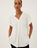 Jersey V-Neck Short Sleeve Popover Blouse