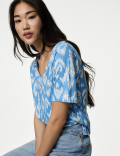 Linen Blend Printed V-Neck Top