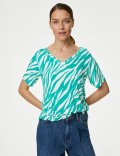 Linen Blend Printed V-Neck Top