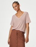 Linen Blend Striped V-Neck Top