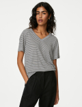 Linen Blend Striped V-Neck Top