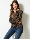 Animal Print Sheer Round Neck Blouse