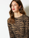 Animal Print Sheer Round Neck Blouse