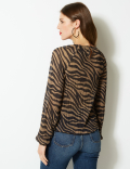 Animal Print Sheer Round Neck Blouse