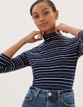 Cotton Rich Striped Funnel Neck Top