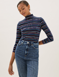 Cotton Rich Striped Funnel Neck Top