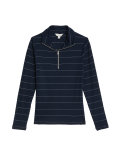 Cotton Rich Striped Ribbed Half Zip Top