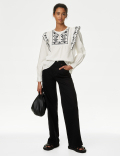 Pure Cotton Embroidered Frill Detail Blouse