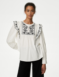 Pure Cotton Embroidered Frill Detail Blouse
