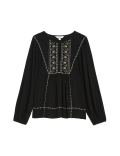 Embroidered Crew Neck Puff Sleeve Blouse