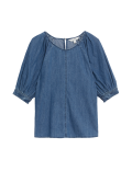 Pure Cotton Denim Puff Sleeve Blouse