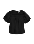 Pure Cotton Smocked Detail Puff Sleeve Top