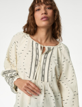 Cotton Rich Embroidered Tie Neck Blouse