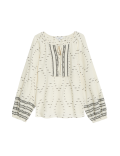 Cotton Rich Embroidered Tie Neck Blouse