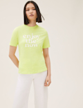 Pure Cotton Slogan Crew Neck T-Shirt