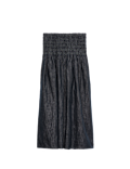 Linen Blend Denim Shirred Midaxi Drop Waist Skirt
