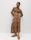 Jersey Animal Print High Neck Midaxi Dress