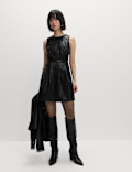 Faux Leather Embossed Crew Neck Mini Smock Dress
