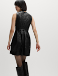 Faux Leather Embossed Crew Neck Mini Smock Dress