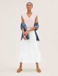 Pure Cotton Broderie Midi Tiered Skirt