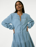 Denim Tie Neck Puff Sleeve Mini Tiered Dress