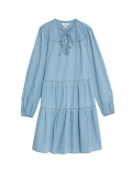 Denim Tie Neck Puff Sleeve Mini Tiered Dress