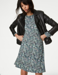 Jersey Printed Round Neck Mini Skater Dress