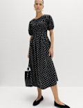 Cotton Rich Printed Puff Sleeve Midi Waisted Dress