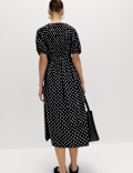 Cotton Rich Printed Puff Sleeve Midi Waisted Dress