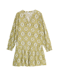 Cotton Blend Printed V-Neck Mini Shift Dress