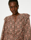 Printed V-Neck Ruffle Mini Waisted Dress
