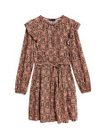 Printed V-Neck Ruffle Mini Waisted Dress