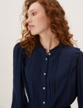 Pintuck Button Front Midi Waisted Dress