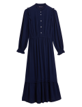 Pintuck Button Front Midi Waisted Dress