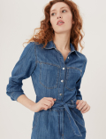 Denim Belted Long Sleeve Jumpsuit