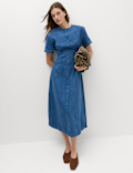 Denim Pintuck Midi Column Dress