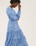 Animal Print Tie Neck Midi Waisted Dress