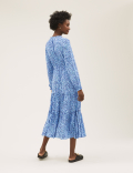 Animal Print Tie Neck Midi Waisted Dress