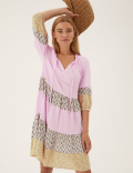 Printed Tie Neck Knee Length Smock Dress