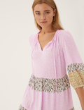 Printed Tie Neck Knee Length Smock Dress