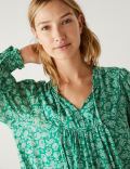 Printed Tie Neck Knee Length Smock Dress