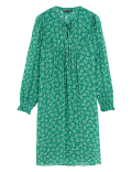 Printed Tie Neck Knee Length Smock Dress