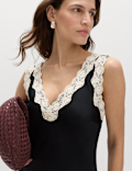 Satin V-Neck Lace Insert Midi Slip Dress