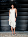 Satin Cowl Neck Lace Insert Midi Slip Dress