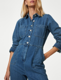 Denim Button Front Long Sleeve Jumpsuit